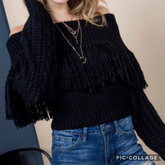 SALE!! Black Off The Shoulders Sweater w/Fringes - Picture 3 of 3